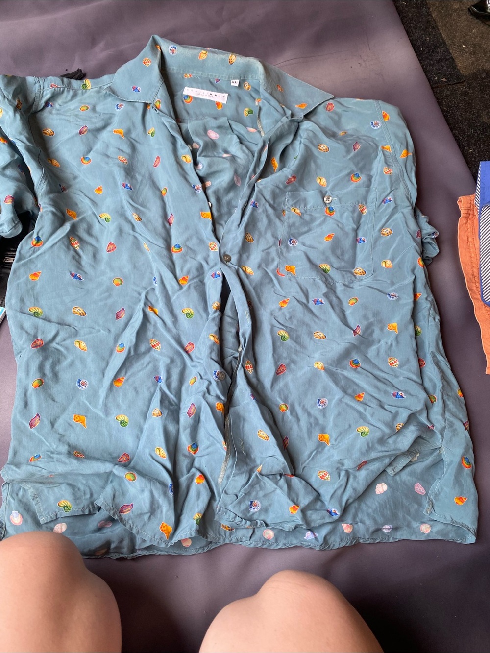 Men's Teal Short-Sleeve Button-Down Shirt with Colorful Print